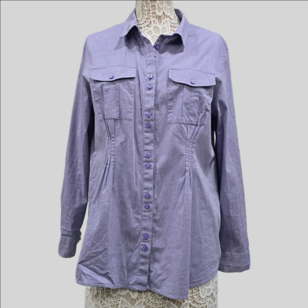 Soft Surroundings Purple Pin-tuck Pleat Button Down Top Sz L